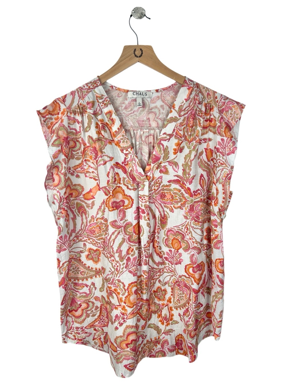 Chaus Pink & Orange Floral V-Neck Cap Sleeve Top